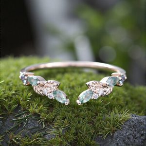 0.2CT Marquise Cut Moss Agate & Round Cut Moissanite S925 Silver Wedding Band