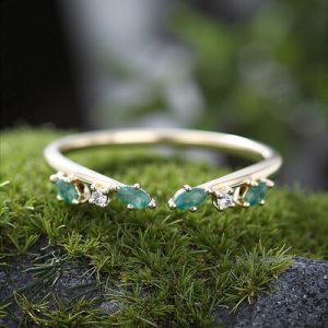 0.2CT Marquise Cut Moss Agate & Round Cut Moissanite S925 Silver Wedding Band