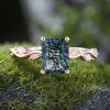 1.56CT Leafwave Emerald Cut Moss Agate S925 Silver Nature Inspired Promise Engagement Ring