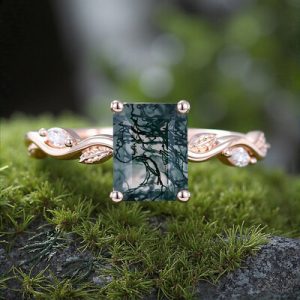 1.56CT Leafwave Emerald Cut Moss Agate S925 Silver Nature Inspired Promise Engagement Ring