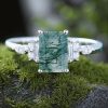 1.84CT Emerald Cut Moss Agate & Round Cut Moissanite S925 Silver Engagement Ring