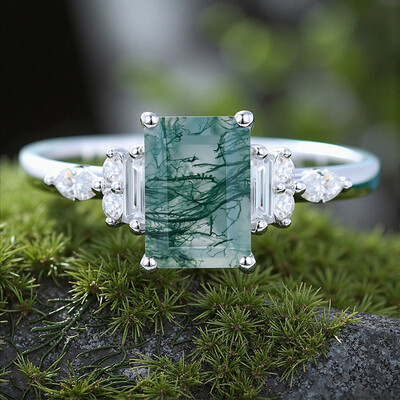 1.84CT Emerald Cut Moss Agate & Round Cut Moissanite S925 Silver Engagement Ring