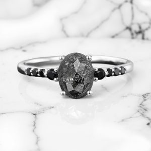 1.65CT Oval Cut Salt & Pepper Diamond With Black Moissanite S925 Silver Engagement Ring