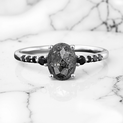 1.65CT Oval Cut Salt & Pepper Diamond With Black Moissanite S925 Silver Engagement Ring