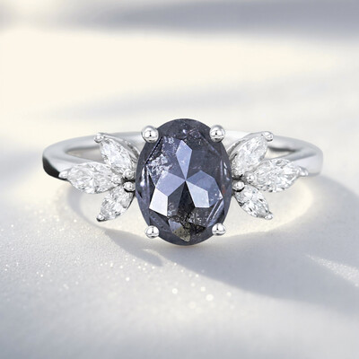 1.74CT Oval Cut Salt & Pepper Diamond Marquise Accented Promise S925 Silver Engagement Ring