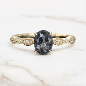 1.69CT Oval Cut Salt & Pepper Diamond Milgrain Design Promise S925 Silver Engagement Ring