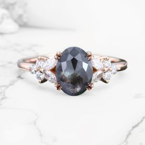 1.88CT Oval Cut Salt & Pepper Diamond Blossom S925 Silver Engagement Ring