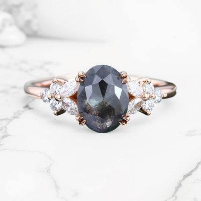 1.88CT Oval Cut Salt & Pepper Diamond Blossom S925 Silver Engagement Ring