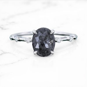 1.59CT Oval Cut Salt & Pepper Diamond Distance Band S925 Silver Engagement Ring