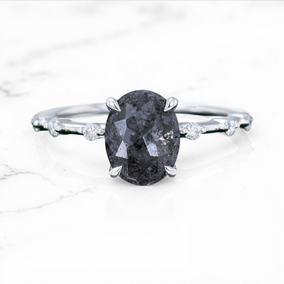 1.59CT Oval Cut Salt & Pepper Diamond Distance Band S925 Silver Engagement Ring