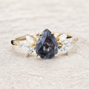 1.44CT Pear Cut Salt & Pepper Diamond Marquise Accented S925 Silver Engagement Ring