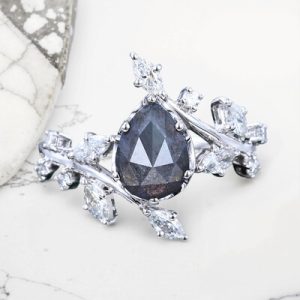 1.53CT Pear Cut Salt & Pepper Diamond With Marquise Cut Moissanite S925 Silver Engagement Ring