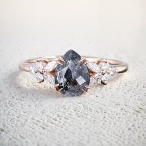 1.44CT Pear Cut Salt & Pepper Diamond Blossom Nature Inspired S925 Silver Engagement Ring