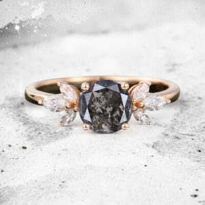 1.38CT Round Cut Salt & Pepper Diamond Marquise Cut Moissanite Accented S925 Silver Engagement Ring