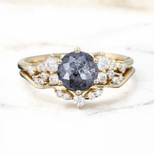 1.41CT Round Cut Salt & Pepper Diamond Moissanite Accented S925 Silver Engagement Ring Set