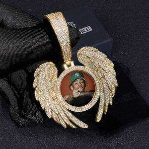 Iced Out Angel Wings Round Memory Photo Pendant