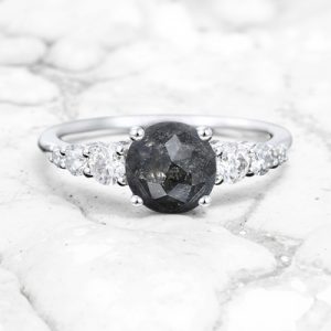 1.21CT Round Cut Salt & Pepper Diamond Moissanite Accented S925 Silver Engagement Ring