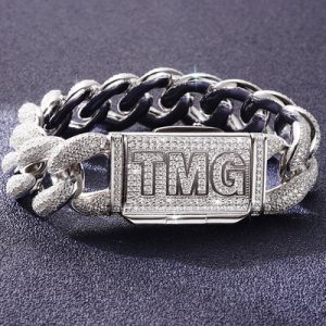 20mm Moissanite S925 Silver Cuban Link Bracelet with Custom Name Box Clasp
