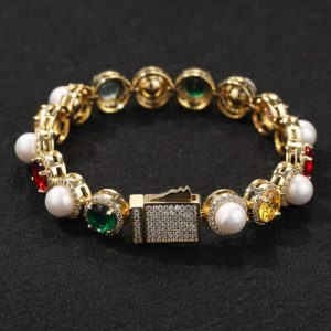 10mm Iced Out Colorful Gemstone Pearl Tennis Bracelet