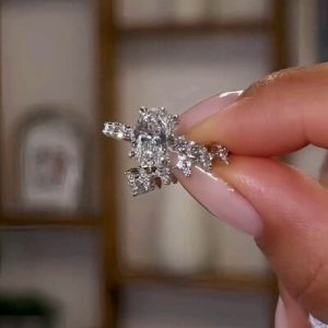 4.2 Ct Oval Cut Paved VVS1 Moissanite Engagement Ring with Cluster Wedding Band Ring Set