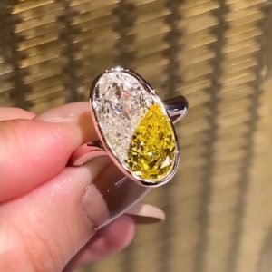 White & Yellow Pear Cut Oval Shape Bezel Engagement Ring