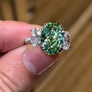 5.9CT Green Oval Cut Diamond Three Stone Engagement Ring