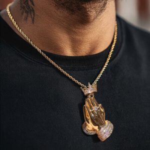Iced Out Praying Hands Crown Pendant
