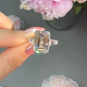 4.29CT Emerald Cut VVS Moissanite Three Stone Pave Engagement Ring