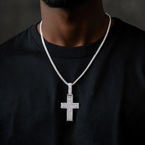Iced Out Baguette & Round Cut Cross Pendant