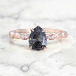 1.29CT Pear Cut Salt & Pepper Diamond with Round Cut Moissanite Accented S925 Silver Engagement Ring