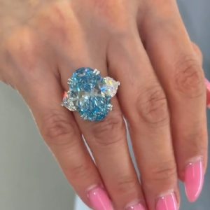 6CT Blue Oval Cut Three Stone Diamond Engagement Ring