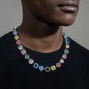 Multicolored Gemstones Geometric Flowers Necklace in White Gold