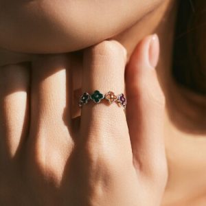 S925 Silver Colorful Four Leaf Clover Wedding Band