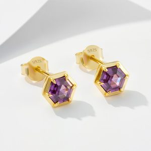 S925 Silver Purple Hexagonal Stud Earrings