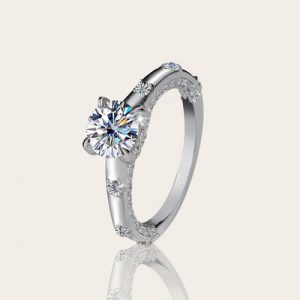 1CT Round Cut VVS Moissanite S925 Silver with Side Stone Engagement Ring