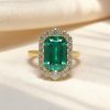 S925 Silver Emerald Diamond Halo Engagement Ring