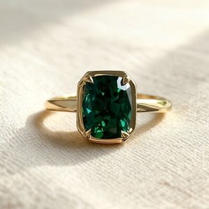 Green Cushion Cut Diamond Bezel Engagement Ring
