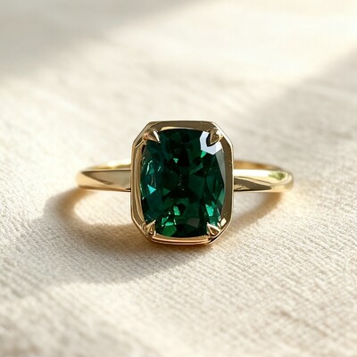 Green Cushion Cut Diamond Bezel Engagement Ring