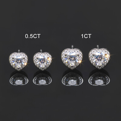 0.5Ct/1Ct Certified VVS1 Moissanite Heart Halo Earrings in S925 Silver
