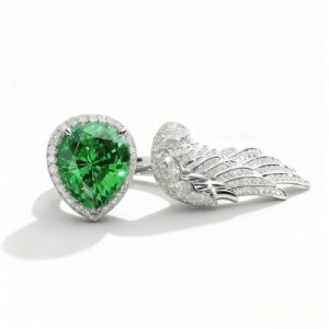 Pear Cut Emerald Gemstone Pave Engagement Ring with Wings