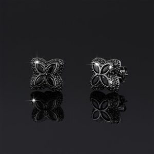 Iced Out Four Leaf Clover Stud Earrings with Black Gold Plated