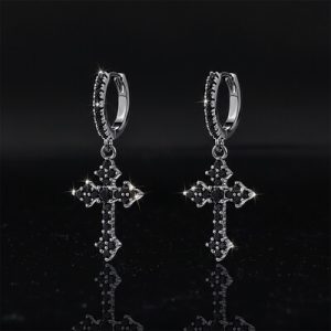 Iced Cross Dangle Earrings with Black Gold Plated