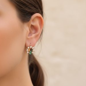 S925 Silver Emerald and Round Diamond Halo Earrings