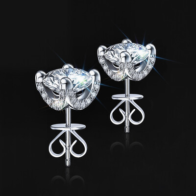 0.5Ct/1Ct S925 & Moissanite Round Cut Stud Earrings With Pave Diamond Basket
