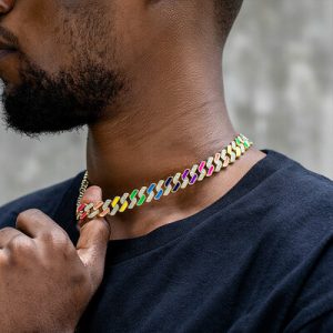 11mm Multi-Color Half-Iced Cuban Chain in Gold