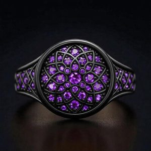 Sapphire/Emerald/Purple/Ruby Round Flower Men's Ring with Black Gold Plated