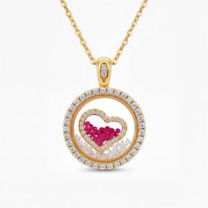S925 Silver Round Shape Ruby Heart Dancing Diamonds Pendant Necklace