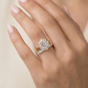 Emerald Cut VVS Moissanite Clustered Engagement Ring Set