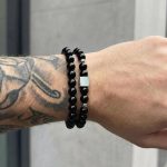 Square Steel Beads Obsidian Black Gallstone Beaded Stretch Bracelet