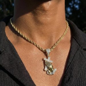 Iced Praying Hands Cross Jesus Pendant